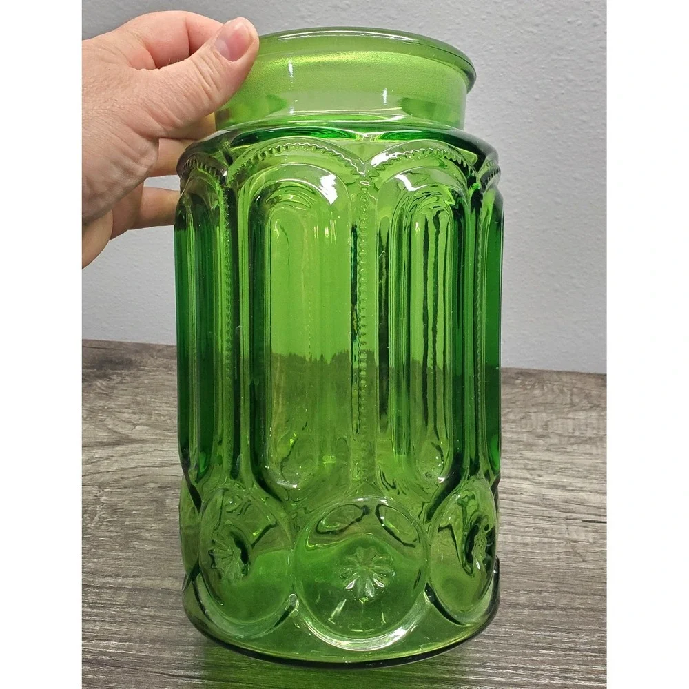L.E. Smith Moon & Stars Green Glass Apothecary Canister 9.5 Large Jar NO LID EUC